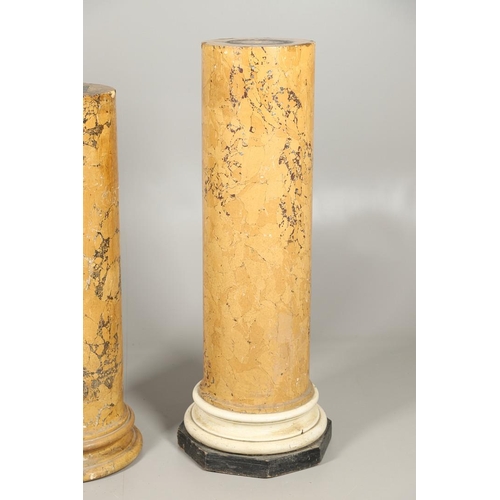 1209 - A PAIR OF YELLOW MARBLE SCAGLIOLA COLUMNS. the taller upon a turned white painted and octagonal ebon... 