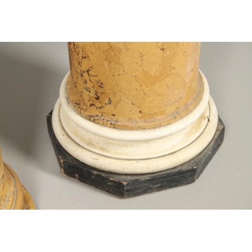 1209 - A PAIR OF YELLOW MARBLE SCAGLIOLA COLUMNS. the taller upon a turned white painted and octagonal ebon... 