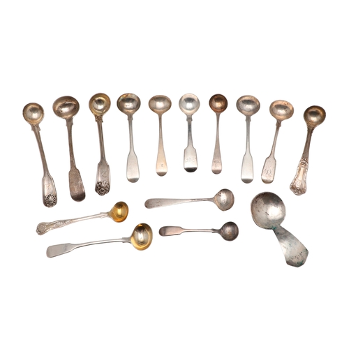 46 - FOURTEEN VARIOUS SILVER CONDIMENT SPOONS. mixed patterns, makers & dates, some with initials or cres... 