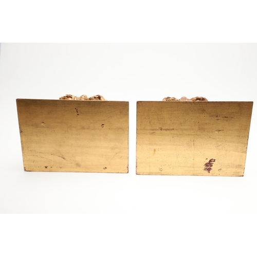 1213 - A PAIR OF 20TH CENTURY CARVED GILTWOOD WALL BRACKETS. each with stepped square shelves above heavily... 