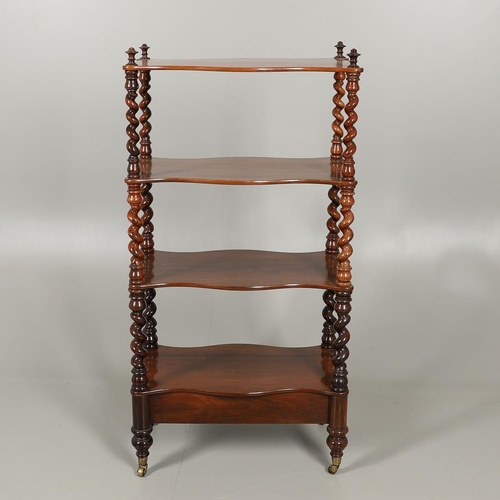 1214 - A VICTORIAN ROSEWOOD FOUR TIER WHATNOT. the serpentine shaped shelves on barley twist supports with ... 