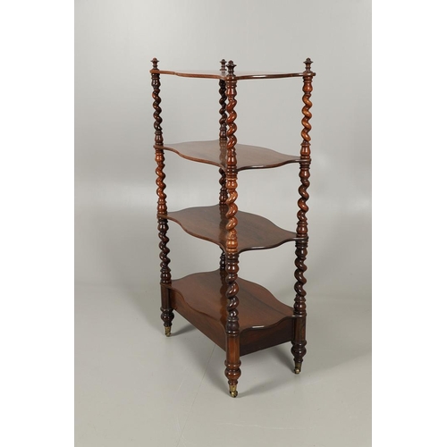 1214 - A VICTORIAN ROSEWOOD FOUR TIER WHATNOT. the serpentine shaped shelves on barley twist supports with ... 