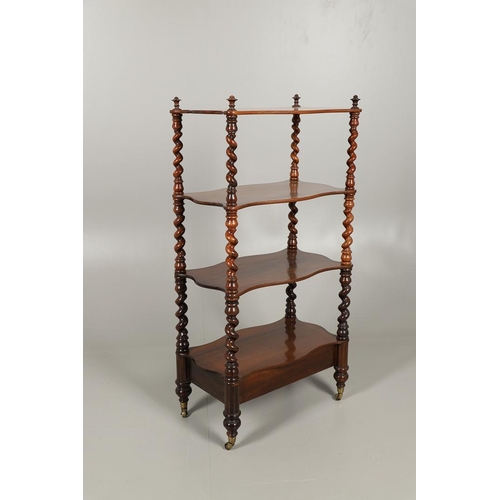 1214 - A VICTORIAN ROSEWOOD FOUR TIER WHATNOT. the serpentine shaped shelves on barley twist supports with ... 