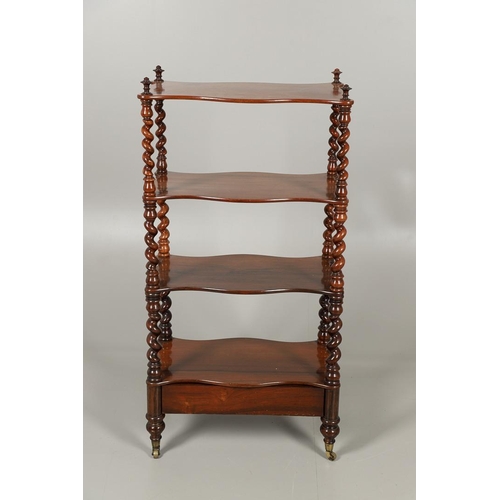 1214 - A VICTORIAN ROSEWOOD FOUR TIER WHATNOT. the serpentine shaped shelves on barley twist supports with ... 