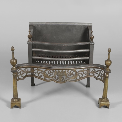 1215 - AN ADAMS STYLE CAST IRON AND BRASS FIRE BASKET. of serpentine form with wrought rear supports, pierc... 