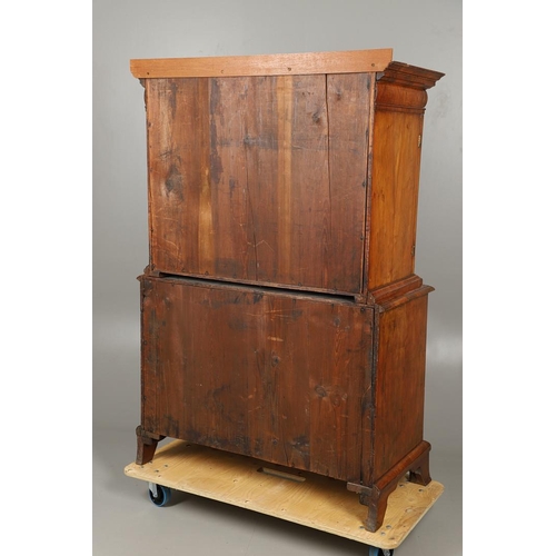 1222 - A GEORGE II WALNUT CABINET ON CHEST. the cabinet with moulded cornice above eleven fitted drawers to... 