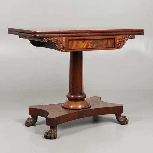 1223 - A WILLIAM IV MAHOGANY TEA TABLE. the fold over rectangular top over a recessed panel flanked by carv... 