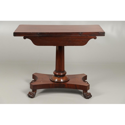 1223 - A WILLIAM IV MAHOGANY TEA TABLE. the fold over rectangular top over a recessed panel flanked by carv... 