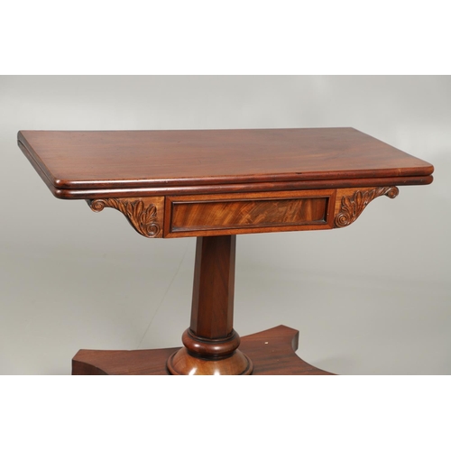 1223 - A WILLIAM IV MAHOGANY TEA TABLE. the fold over rectangular top over a recessed panel flanked by carv... 