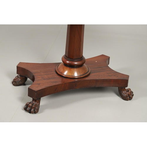 1223 - A WILLIAM IV MAHOGANY TEA TABLE. the fold over rectangular top over a recessed panel flanked by carv... 