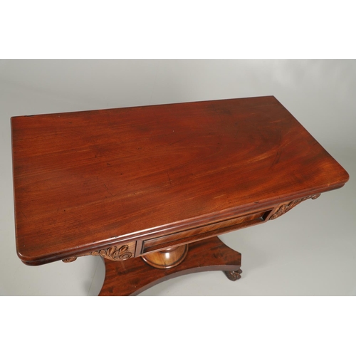 1223 - A WILLIAM IV MAHOGANY TEA TABLE. the fold over rectangular top over a recessed panel flanked by carv... 