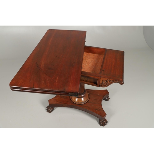 1223 - A WILLIAM IV MAHOGANY TEA TABLE. the fold over rectangular top over a recessed panel flanked by carv... 