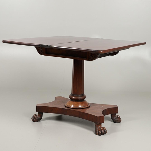 1223 - A WILLIAM IV MAHOGANY TEA TABLE. the fold over rectangular top over a recessed panel flanked by carv... 