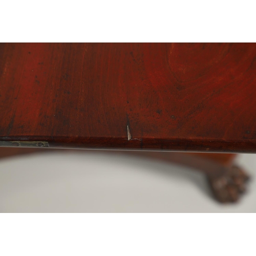 1223 - A WILLIAM IV MAHOGANY TEA TABLE. the fold over rectangular top over a recessed panel flanked by carv... 