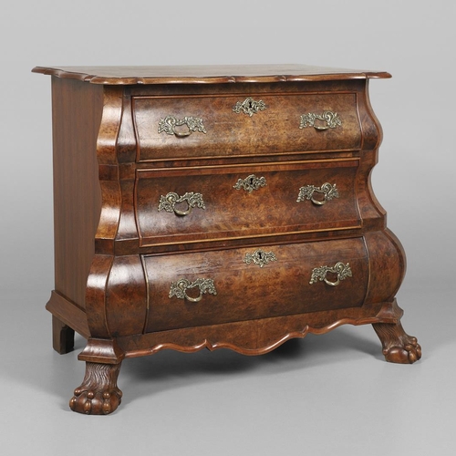 1224 - A CONTINENTAL BURR WALNUT BOMBE CHEST OF DRAWERS. 20th century, the shaped top over three graduated ... 