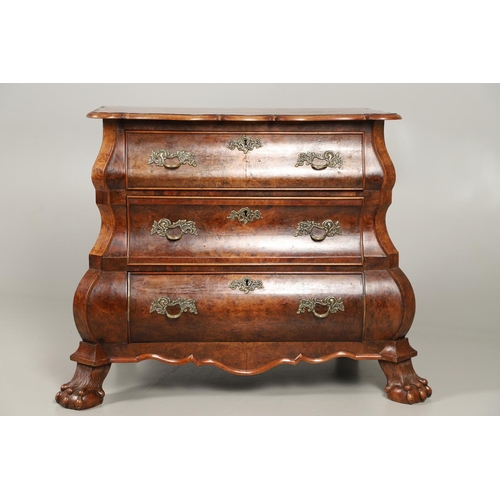 1224 - A CONTINENTAL BURR WALNUT BOMBE CHEST OF DRAWERS. 20th century, the shaped top over three graduated ... 