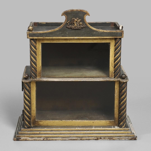 1229 - A VICTORIAN EBONISED AND GILDED CURIO TABLE CABINET. the tray top with ball finials and moulded figu... 