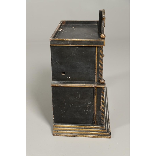 1229 - A VICTORIAN EBONISED AND GILDED CURIO TABLE CABINET. the tray top with ball finials and moulded figu... 