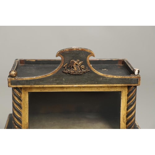 1229 - A VICTORIAN EBONISED AND GILDED CURIO TABLE CABINET. the tray top with ball finials and moulded figu... 