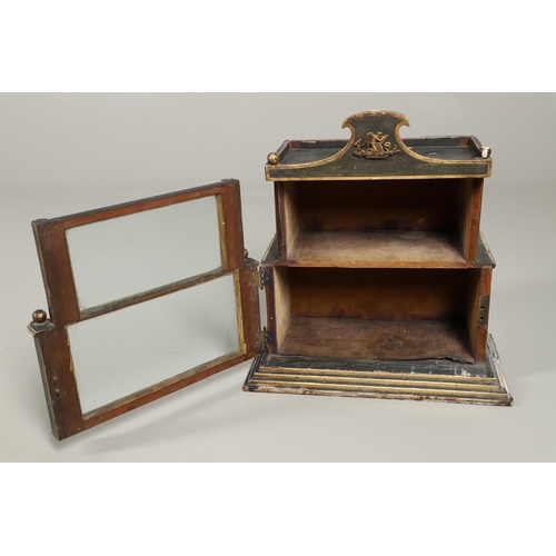 1229 - A VICTORIAN EBONISED AND GILDED CURIO TABLE CABINET. the tray top with ball finials and moulded figu... 