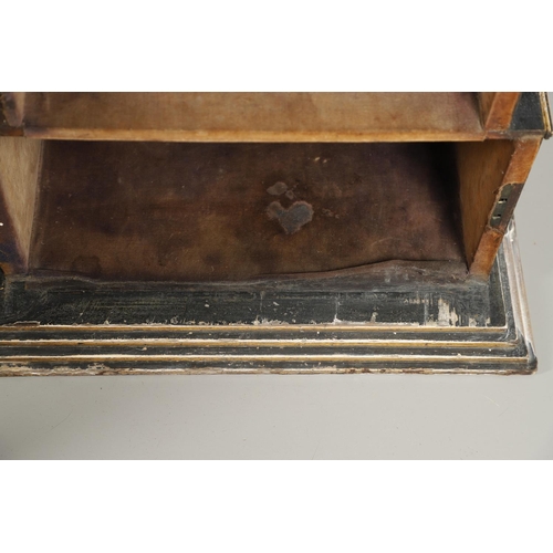 1229 - A VICTORIAN EBONISED AND GILDED CURIO TABLE CABINET. the tray top with ball finials and moulded figu... 