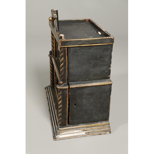 1229 - A VICTORIAN EBONISED AND GILDED CURIO TABLE CABINET. the tray top with ball finials and moulded figu... 