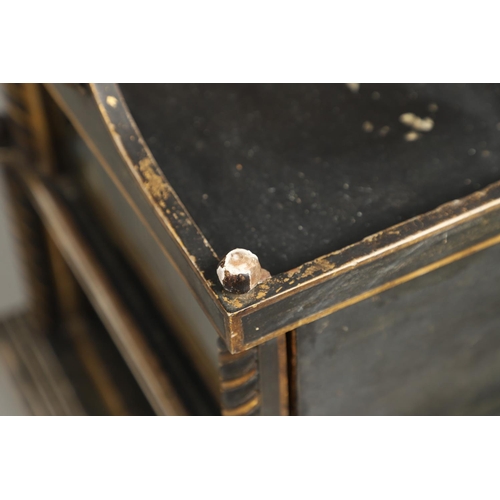 1229 - A VICTORIAN EBONISED AND GILDED CURIO TABLE CABINET. the tray top with ball finials and moulded figu... 