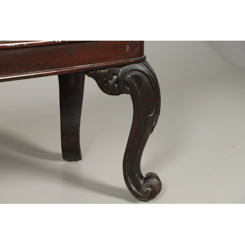 1234 - A LATE 19TH CENTURY MAHOGANY HALL BENCH. having a moulded edge one-piece seat with tapering acanthus... 