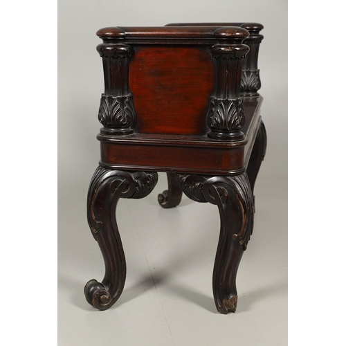 1234 - A LATE 19TH CENTURY MAHOGANY HALL BENCH. having a moulded edge one-piece seat with tapering acanthus... 