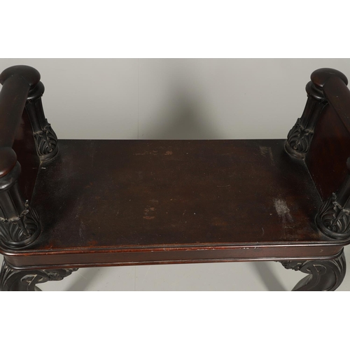 1234 - A LATE 19TH CENTURY MAHOGANY HALL BENCH. having a moulded edge one-piece seat with tapering acanthus... 