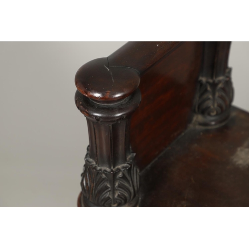 1234 - A LATE 19TH CENTURY MAHOGANY HALL BENCH. having a moulded edge one-piece seat with tapering acanthus... 