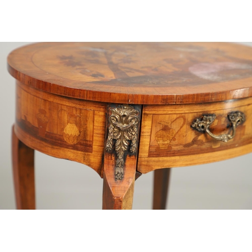 1235 - A FRENCH CHINOISERIE STYLE MARQUETRY OCCASIONAL TABLE. the top inlaid with village scenes above a si... 