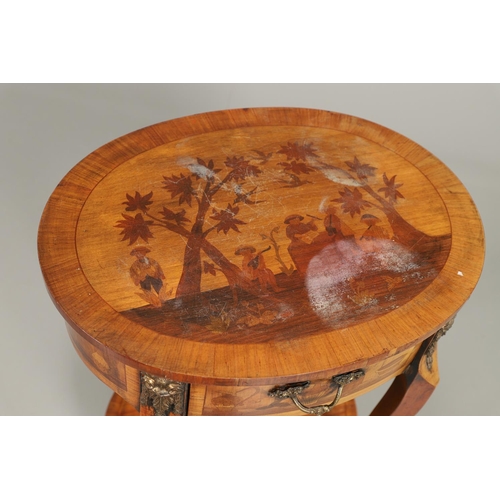 1235 - A FRENCH CHINOISERIE STYLE MARQUETRY OCCASIONAL TABLE. the top inlaid with village scenes above a si... 