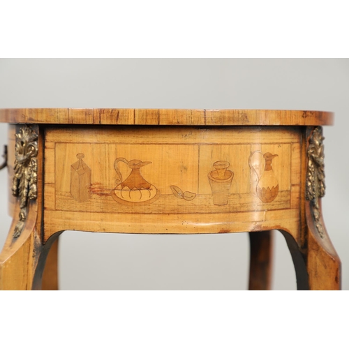 1235 - A FRENCH CHINOISERIE STYLE MARQUETRY OCCASIONAL TABLE. the top inlaid with village scenes above a si... 