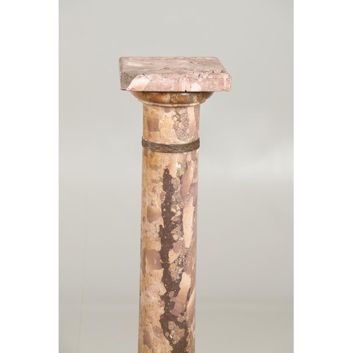 1237 - A 19TH CENTURY PINK MARBLE PEDESTAL COLUMN. on stepped square base, the metal mounts to the stem wit... 