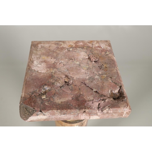 1237 - A 19TH CENTURY PINK MARBLE PEDESTAL COLUMN. on stepped square base, the metal mounts to the stem wit... 