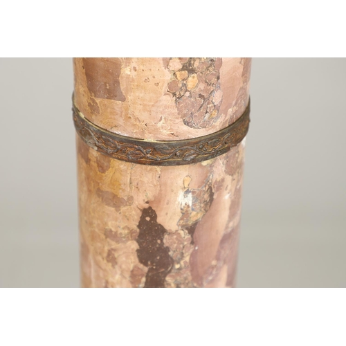 1237 - A 19TH CENTURY PINK MARBLE PEDESTAL COLUMN. on stepped square base, the metal mounts to the stem wit... 