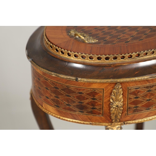 1239 - A NAPOLEON III OVAL PARQUETRY JARDINIERE AND COVER. the top with pierced brass gallery, gilt metal f... 