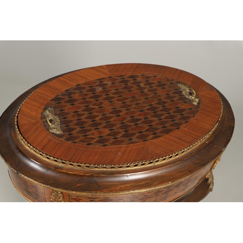 1239 - A NAPOLEON III OVAL PARQUETRY JARDINIERE AND COVER. the top with pierced brass gallery, gilt metal f... 