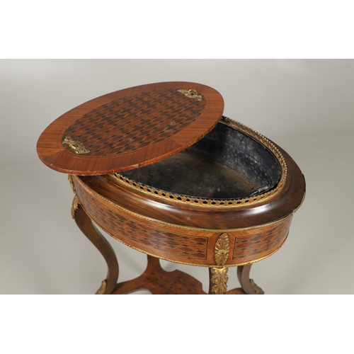 1239 - A NAPOLEON III OVAL PARQUETRY JARDINIERE AND COVER. the top with pierced brass gallery, gilt metal f... 