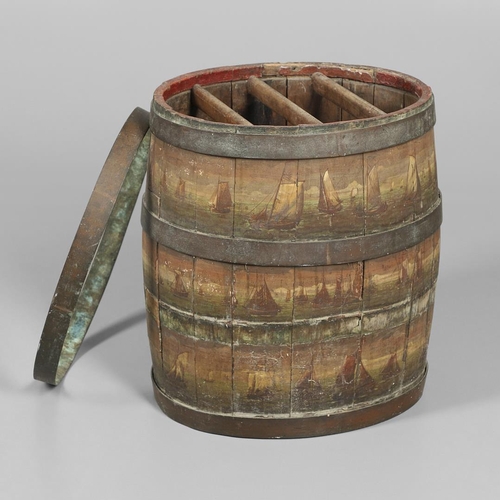 1241 - A PAINTED COOPERED OAK BARREL, CONVERTED TO A STICK STAND. 19th century, decorated with multiple shi... 