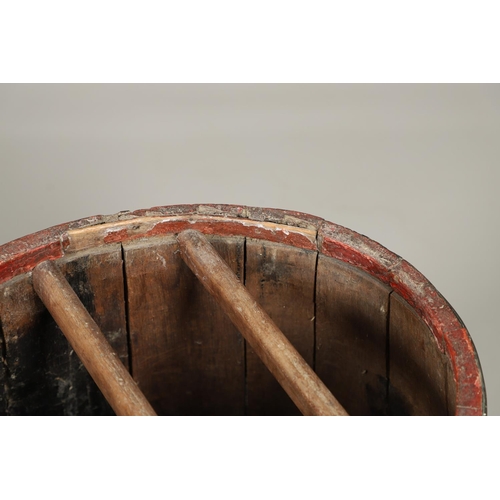 1241 - A PAINTED COOPERED OAK BARREL, CONVERTED TO A STICK STAND. 19th century, decorated with multiple shi... 