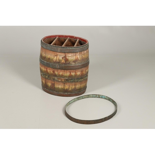 1241 - A PAINTED COOPERED OAK BARREL, CONVERTED TO A STICK STAND. 19th century, decorated with multiple shi... 