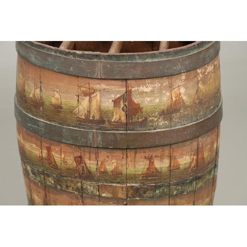 1241 - A PAINTED COOPERED OAK BARREL, CONVERTED TO A STICK STAND. 19th century, decorated with multiple shi... 