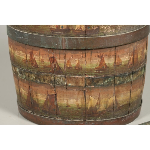 1241 - A PAINTED COOPERED OAK BARREL, CONVERTED TO A STICK STAND. 19th century, decorated with multiple shi... 