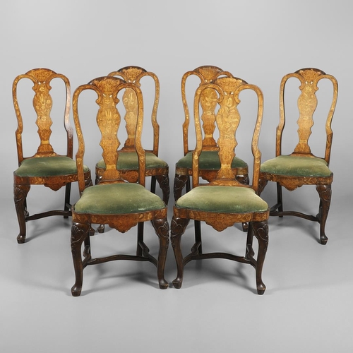 1243 - A SET OF SIX STYLE DUTCH WALNUT MARQUETRY DINING CHAIRS. in the mid-18th century style, each scroll ... 