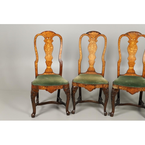 1243 - A SET OF SIX STYLE DUTCH WALNUT MARQUETRY DINING CHAIRS. in the mid-18th century style, each scroll ... 