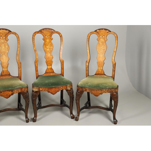 1243 - A SET OF SIX STYLE DUTCH WALNUT MARQUETRY DINING CHAIRS. in the mid-18th century style, each scroll ... 