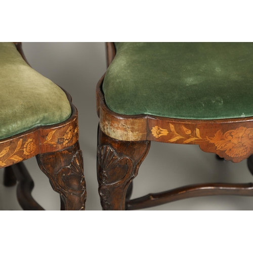 1243 - A SET OF SIX STYLE DUTCH WALNUT MARQUETRY DINING CHAIRS. in the mid-18th century style, each scroll ... 