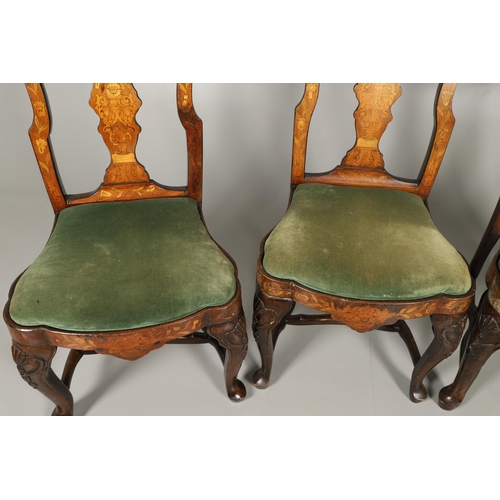 1243 - A SET OF SIX STYLE DUTCH WALNUT MARQUETRY DINING CHAIRS. in the mid-18th century style, each scroll ... 